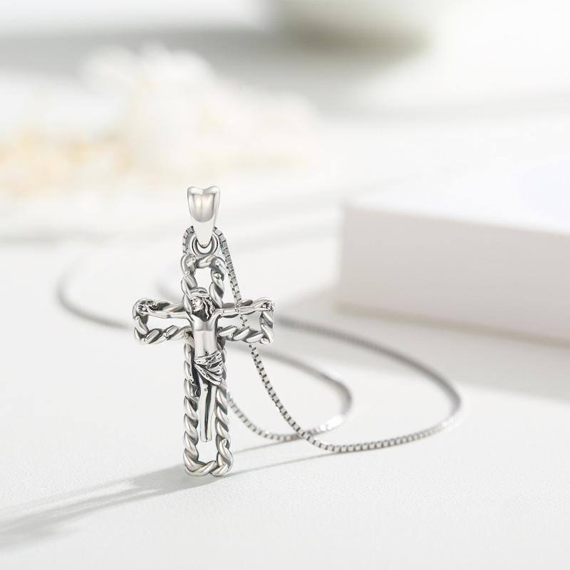 925 Sterling Silver Saint Christopher Jesus Crucifix Cross Religious Oxidized Pendant Necklace Bijou Her