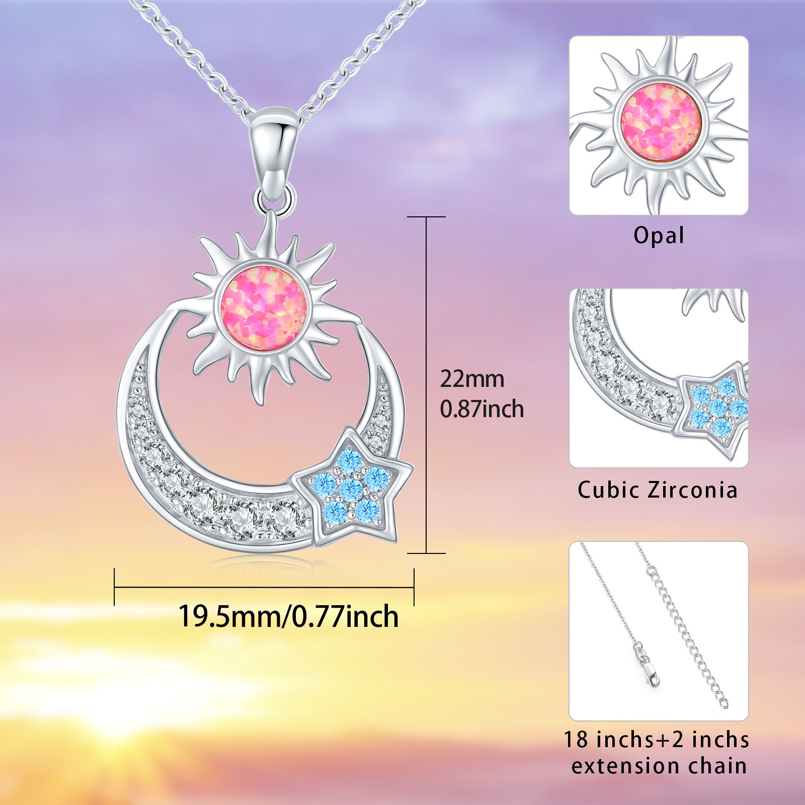 925 Sterling Silver Star Sun Crescent Moon Pendant Necklace Bijou Her