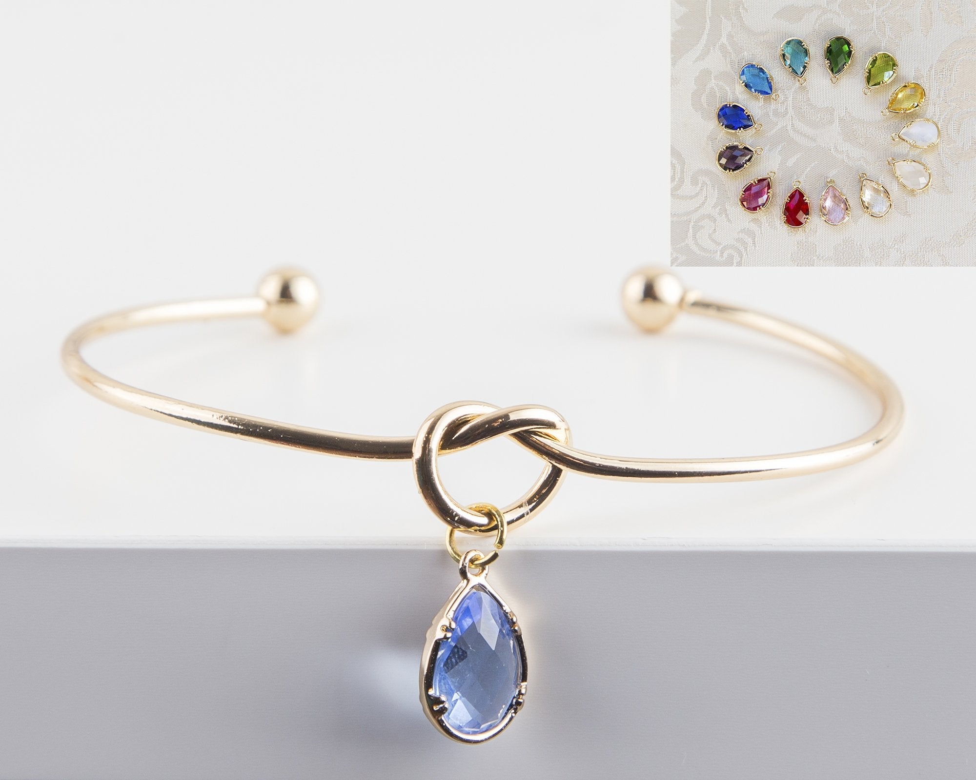 Adjustable Birthstone Knot Wire Bracelet with Teardrop - Gold Plated Stainless Steel Bijou Her