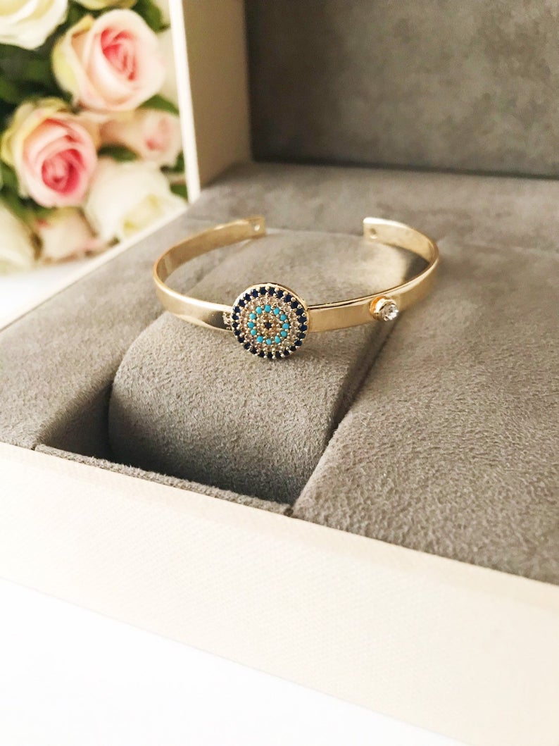 Adjustable Blue Evil Eye Bangle Bracelet Collection - Handmade Gold Charm Jewelry with Hamsa Pendant and Turquoise Beads Bijou Her