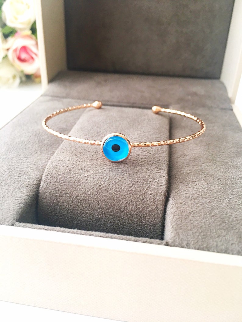 Adjustable Blue Evil Eye Bangle Bracelet Collection - Handmade Gold Charm Jewelry with Hamsa Pendant and Turquoise Beads Bijou Her