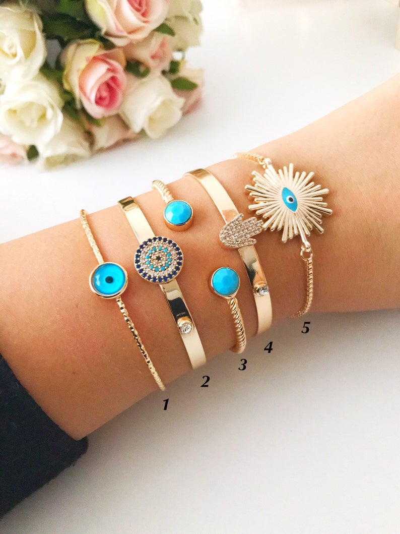 Adjustable Blue Evil Eye Bangle Bracelet Collection - Handmade Gold Charm Jewelry with Hamsa Pendant and Turquoise Beads Bijou Her