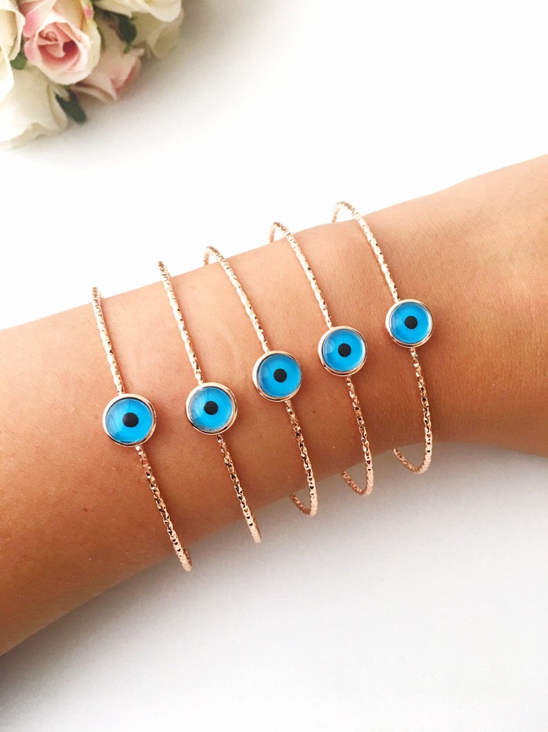 Adjustable Blue Evil Eye Bangle Bracelet Collection - Handmade Gold Charm Jewelry with Hamsa Pendant and Turquoise Beads Bijou Her