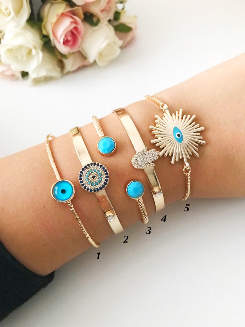 Adjustable Blue Evil Eye Bangle Bracelet Collection - Handmade Gold Charm Jewelry with Hamsa Pendant and Turquoise Beads Bijou Her