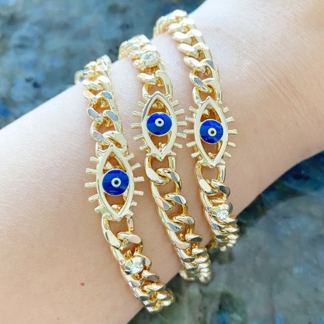 Adjustable Blue Evil Eye Bracelet - Tarnish Resistant Cuff Chain for Men and Women - Handmade Protection Jewelry Waterproof Bijou Her