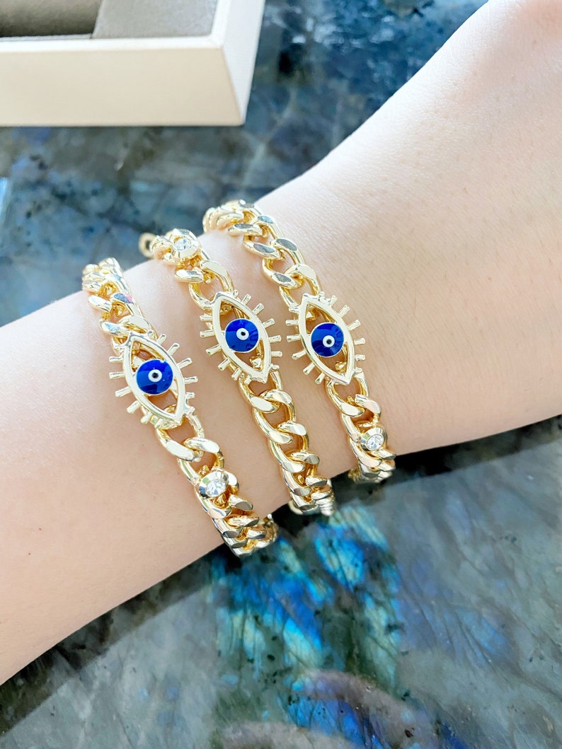 Adjustable Blue Evil Eye Bracelet - Tarnish Resistant Cuff Chain for Men and Women - Handmade Protection Jewelry Waterproof Bijou Her