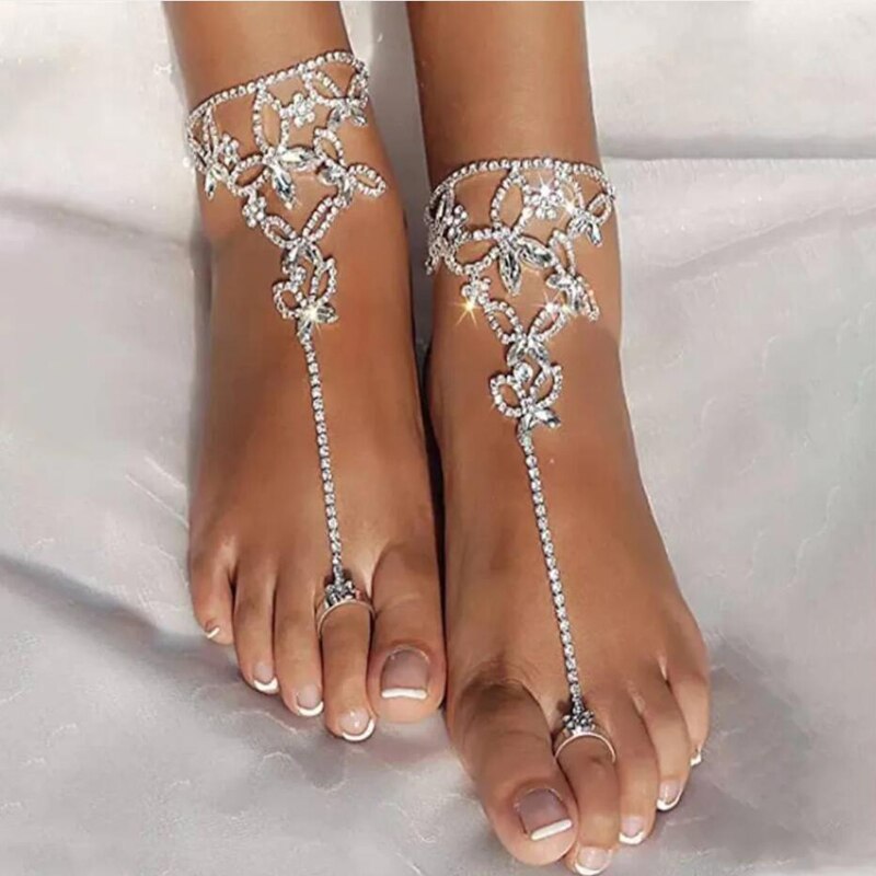 Adjustable Butterfly Barefoot Sandals with Cubic Zirconia Gemstones - Boho & Hippie Style Bijou Her