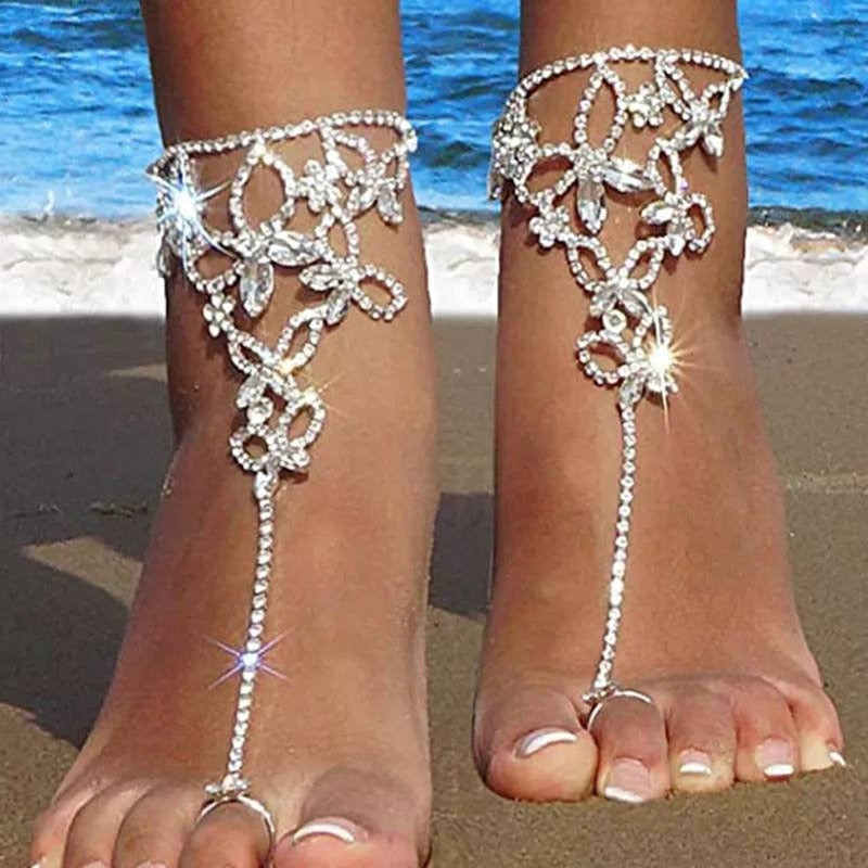 Adjustable Butterfly Barefoot Sandals with Cubic Zirconia Gemstones - Boho & Hippie Style Bijou Her