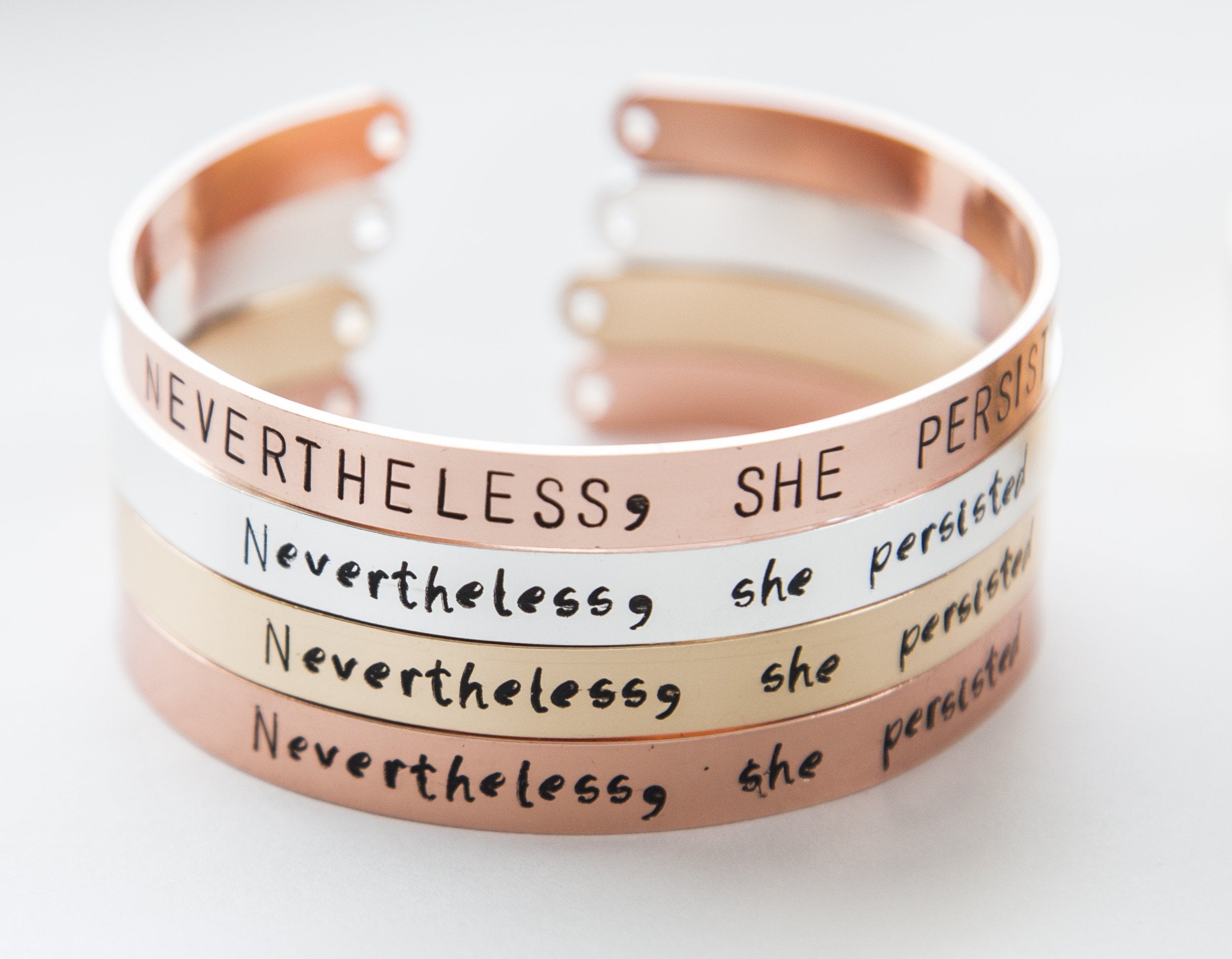 Adjustable Copper Bracelet with Stamped Message: Nevertheless She Persisted Bijou Her