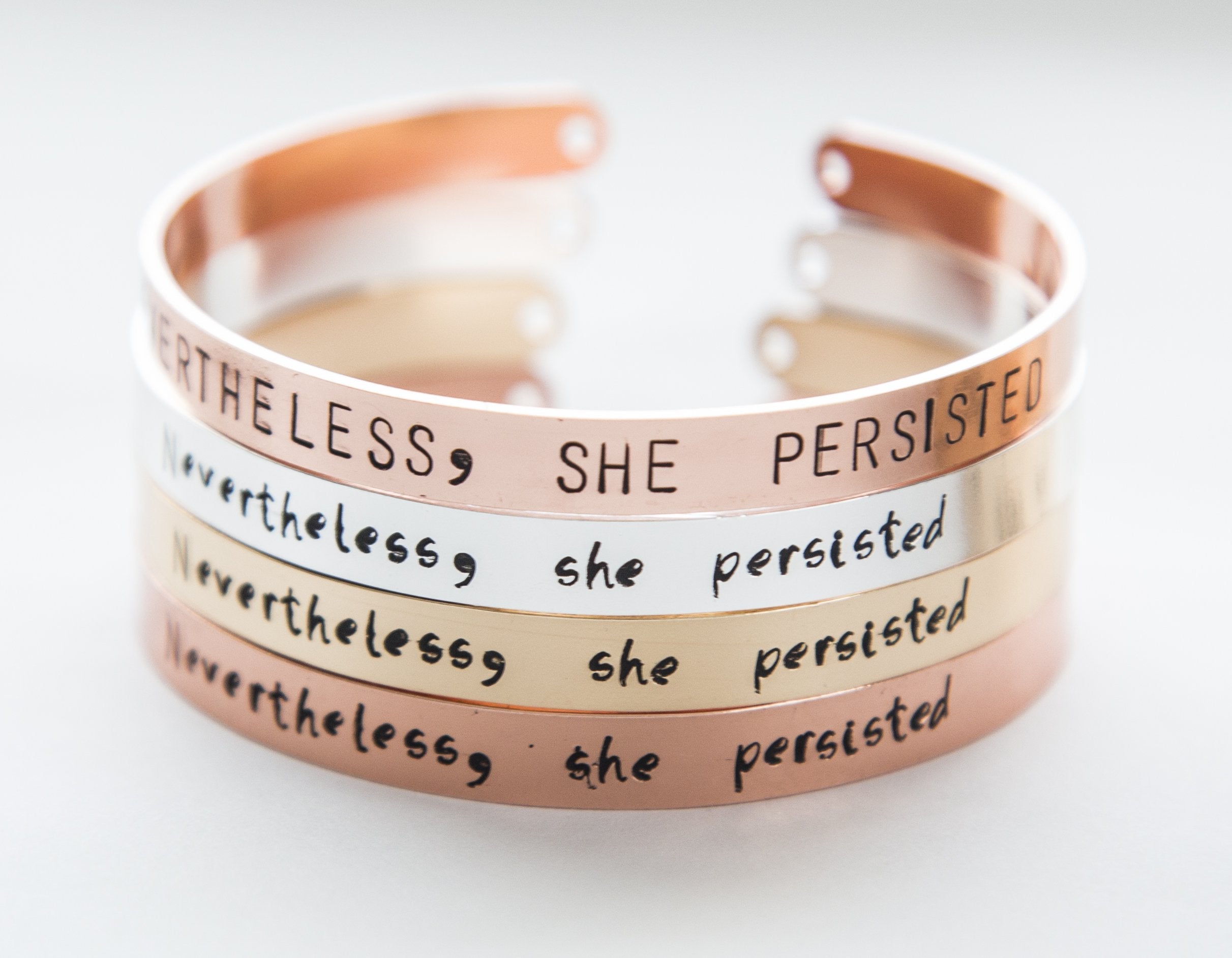 Adjustable Copper Bracelet with Stamped Message: Nevertheless She Persisted Bijou Her