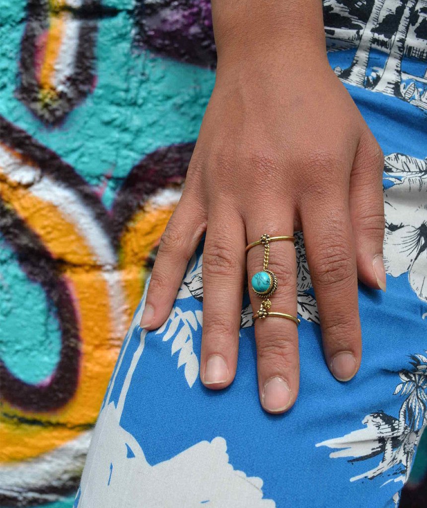 Adjustable Double Me Up Ring with Semi-Precious Stone in Brass and Silver Bijou Her