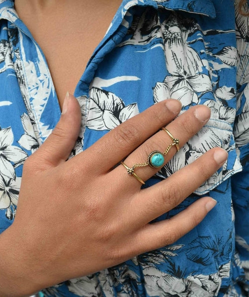 Adjustable Double Me Up Ring with Semi-Precious Stone in Brass and Silver Bijou Her