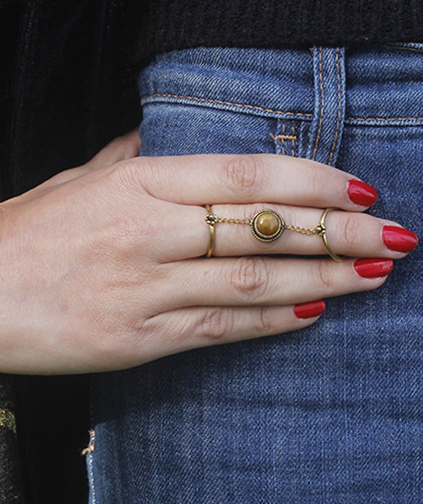 Adjustable Double Me Up Ring with Semi-Precious Stone in Brass and Silver Bijou Her