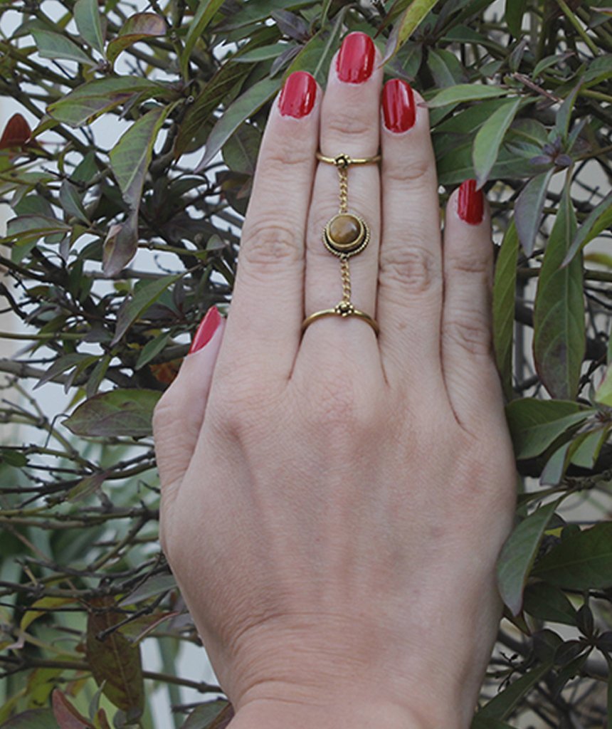 Adjustable Double Me Up Ring with Semi-Precious Stone in Brass and Silver Bijou Her