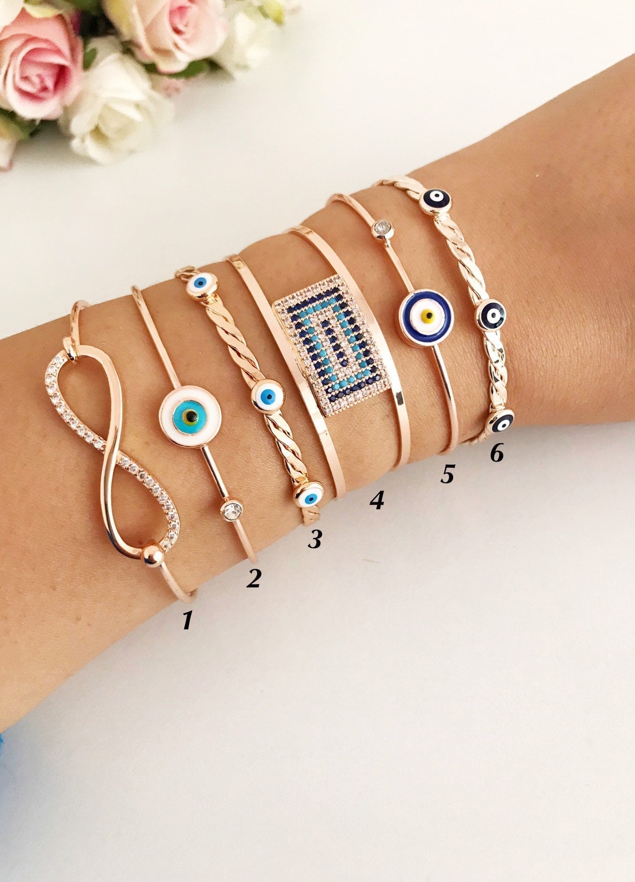 Adjustable Evil Eye Bangle Bracelet - Blue Bead Charm, Rose Gold Cuff Jewelry Bijou Her