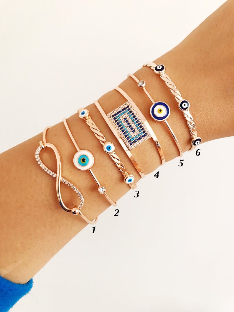 Adjustable Evil Eye Bangle Bracelet - Blue Bead Charm, Rose Gold Cuff Jewelry Bijou Her