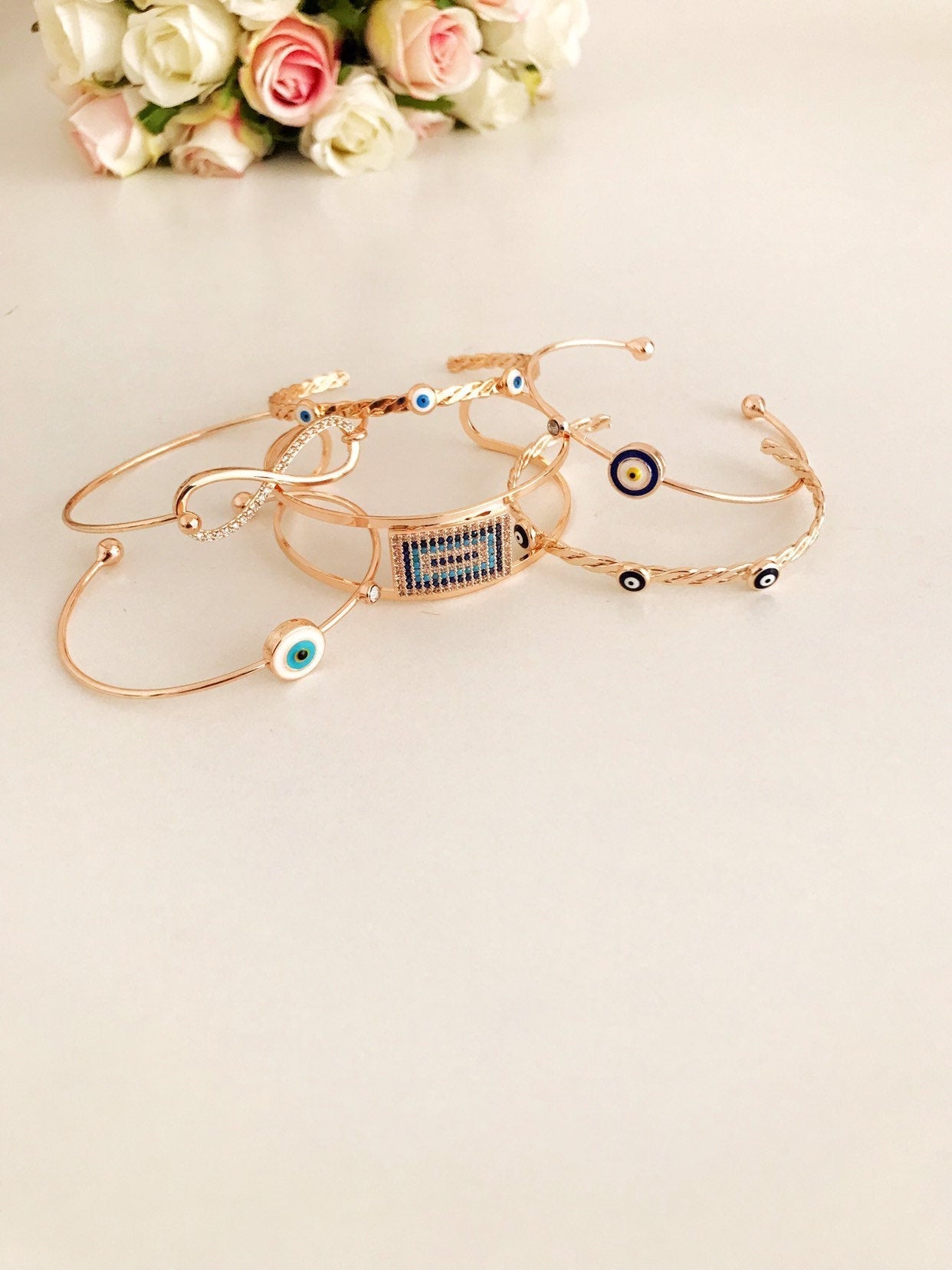 Adjustable Evil Eye Bangle Bracelet - Blue Bead Charm, Rose Gold Cuff Jewelry Bijou Her