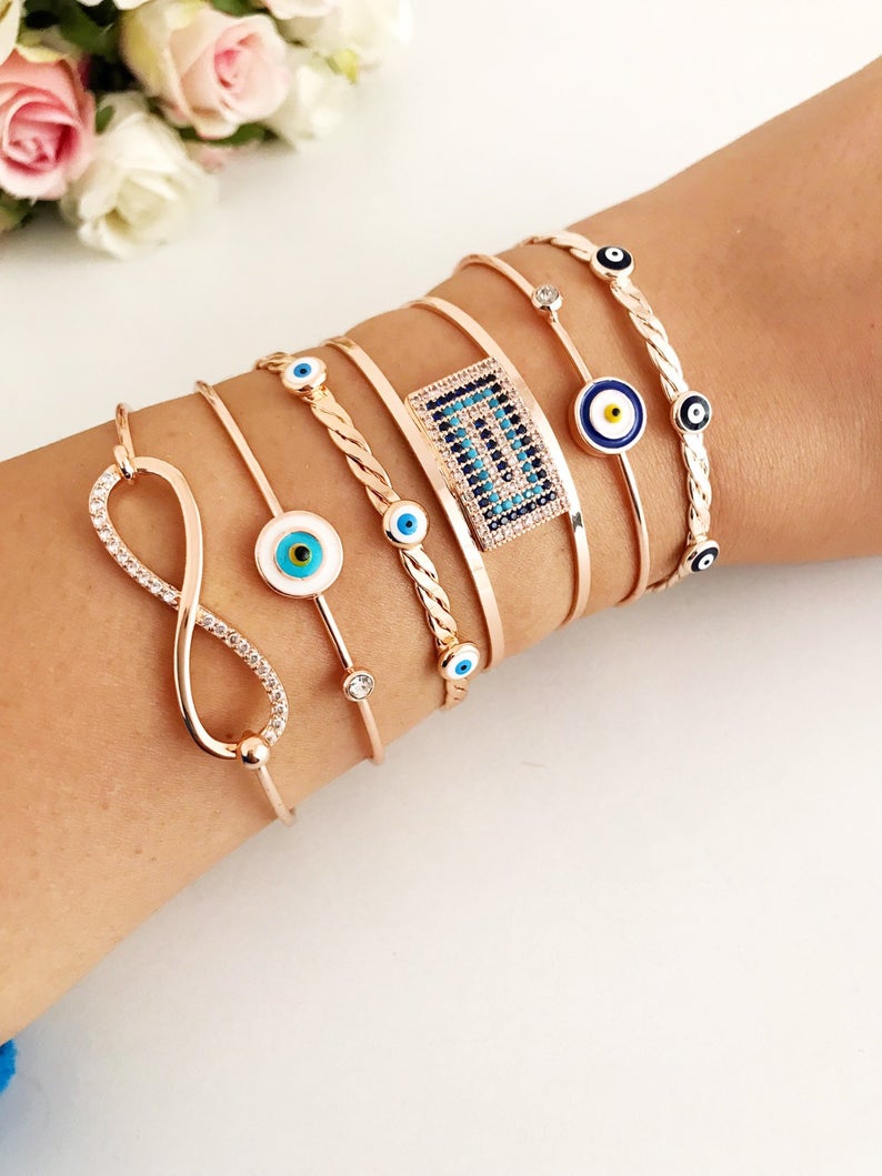 Adjustable Evil Eye Bangle Bracelet - Blue Bead Charm, Rose Gold Cuff Jewelry Bijou Her