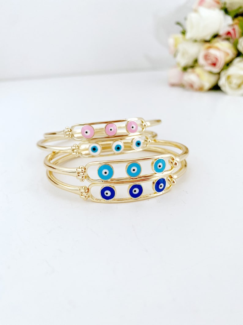 Adjustable Evil Eye Bangle Bracelet Set - Water Resistant Jewelry in 4 Colors - Handmade Stainless Steel with Oval Charm - Blue, White, Pink, Turquoise - Tarnish Resistant - Greek and Turkish Evil Eye Beads Bijou Her