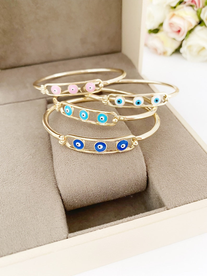 Adjustable Evil Eye Bangle Bracelet Set - Water Resistant Jewelry in 4 Colors - Handmade Stainless Steel with Oval Charm - Blue, White, Pink, Turquoise - Tarnish Resistant - Greek and Turkish Evil Eye Beads Bijou Her