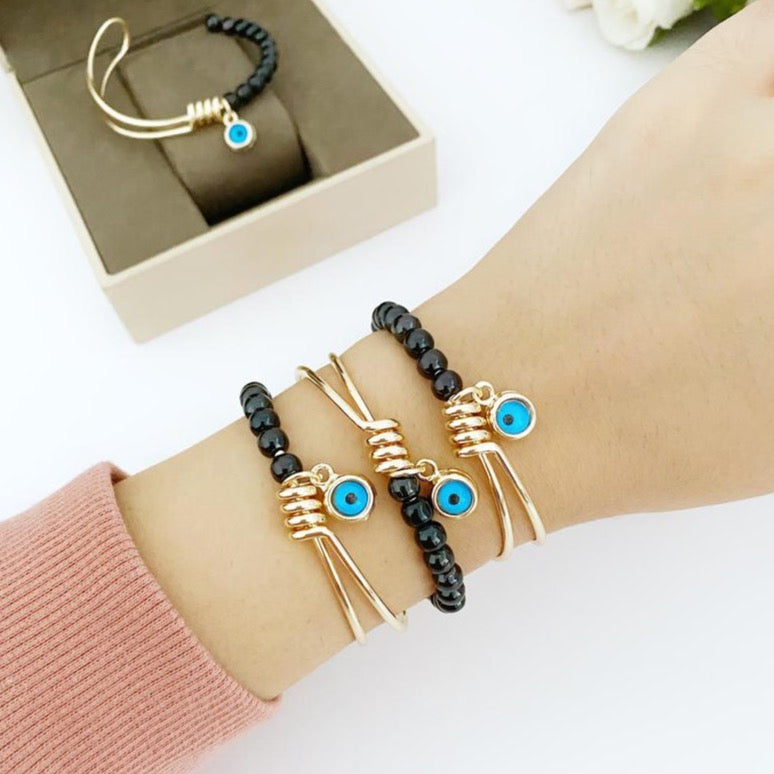 Adjustable Evil Eye Bracelet with Gold Cuff and Blue Bead - Handmade Stainless Steel Jewelry with Tarnish Resistance Bijou Her