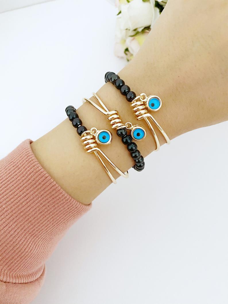 Adjustable Evil Eye Bracelet with Gold Cuff and Blue Bead - Handmade Stainless Steel Jewelry with Tarnish Resistance Bijou Her