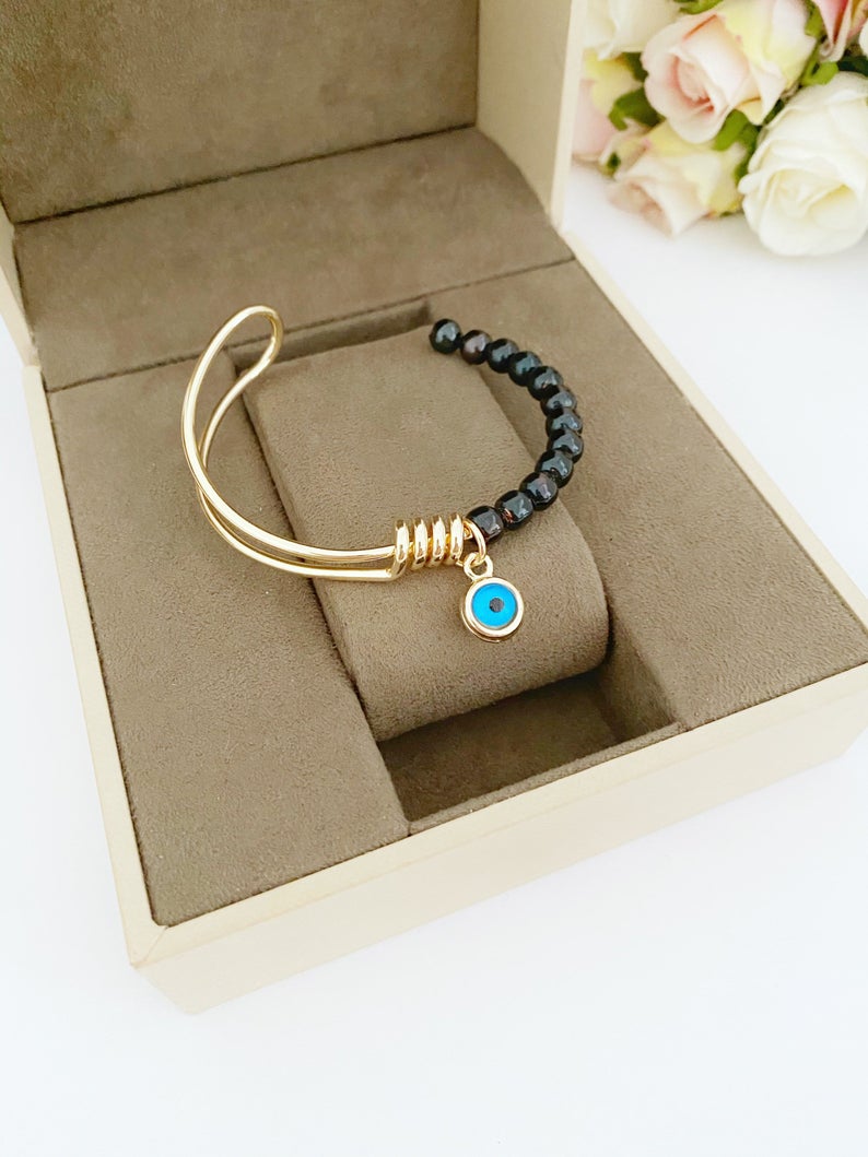 Adjustable Evil Eye Bracelet with Gold Cuff and Blue Bead - Handmade Stainless Steel Jewelry with Tarnish Resistance Bijou Her