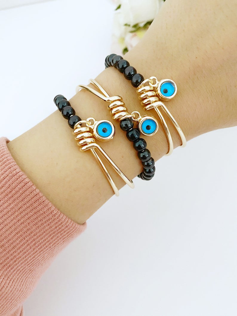 Adjustable Evil Eye Bracelet with Gold Cuff and Blue Bead - Handmade Stainless Steel Jewelry with Tarnish Resistance Bijou Her