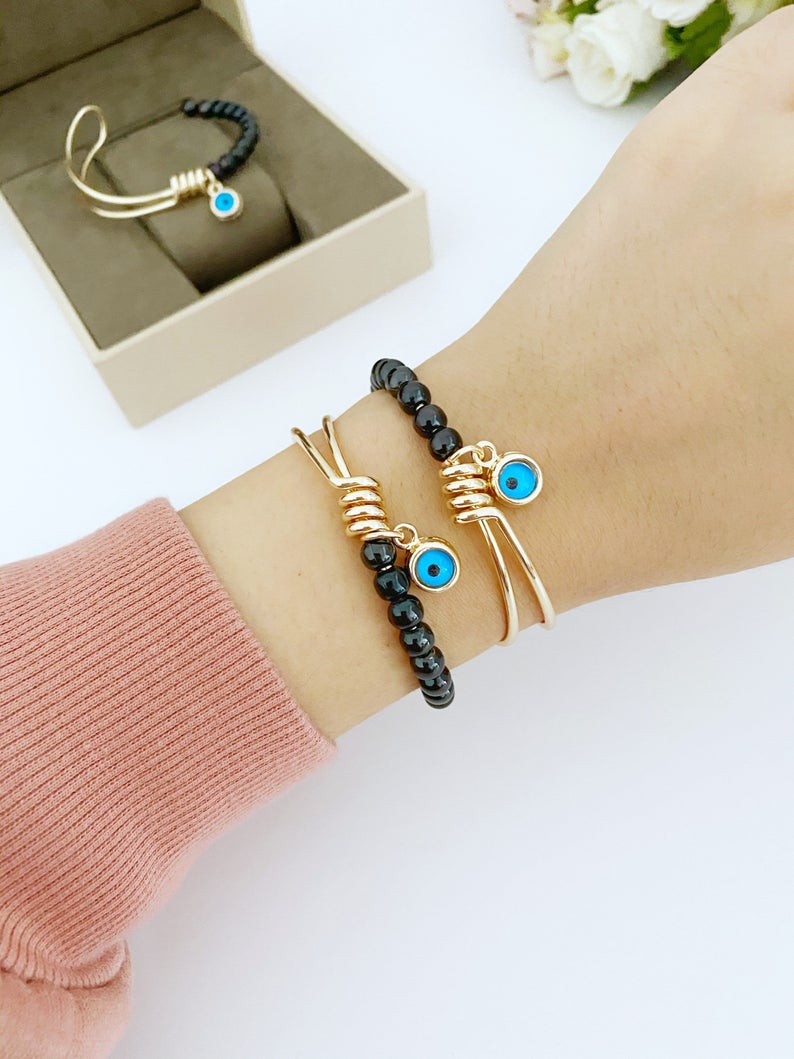 Adjustable Evil Eye Bracelet with Gold Cuff and Blue Bead - Handmade Stainless Steel Jewelry with Tarnish Resistance Bijou Her