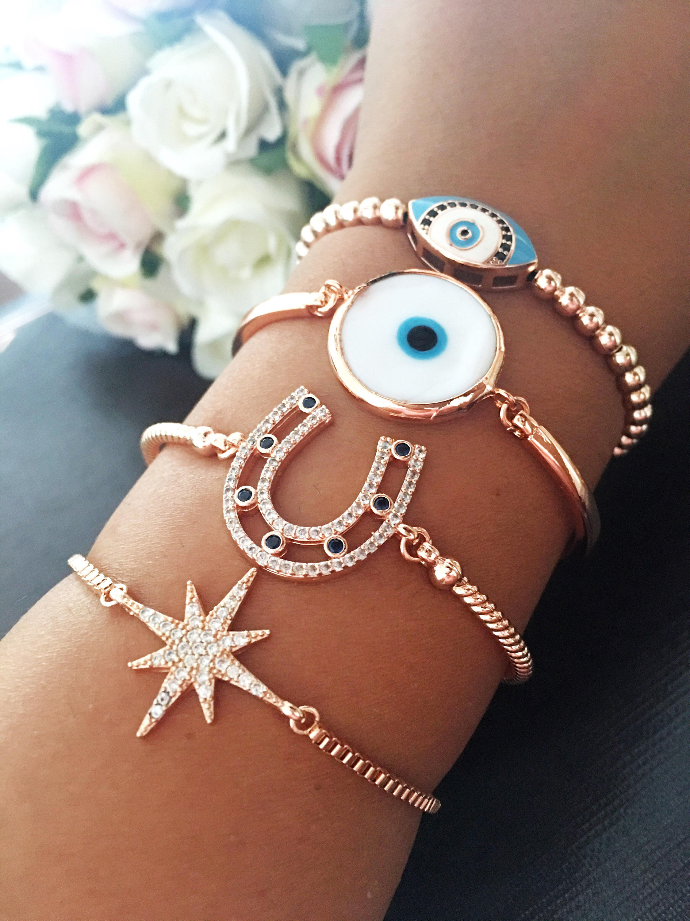 Adjustable Evil Eye Bracelet with Horseshoe, Murano Glass, and Star Charms Bijou Her