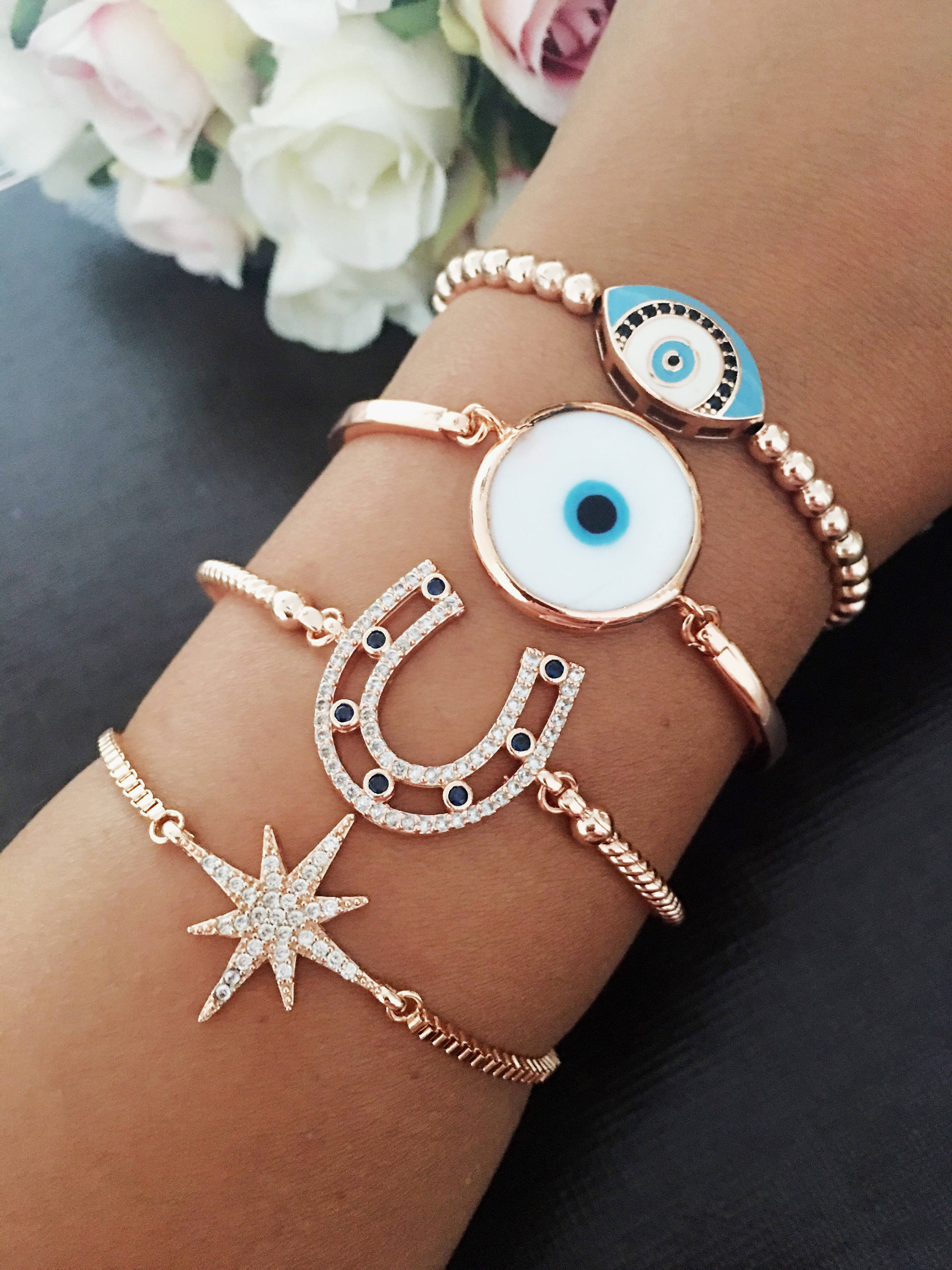 Adjustable Evil Eye Bracelet with Horseshoe, Murano Glass, and Star Charms Bijou Her