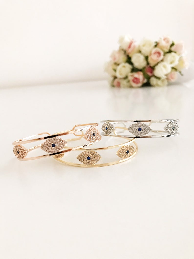 Adjustable Evil Eye Bracelet with Zircon Charm in 3 Colors - Rose Gold, Gold, Silver Bijou Her
