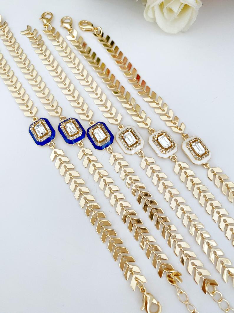Adjustable Evil Eye CZ Gold Chain Bracelet - Handmade Micro Pave Cubic Zirconia Jewelry with Blue or White Charm Bijou Her