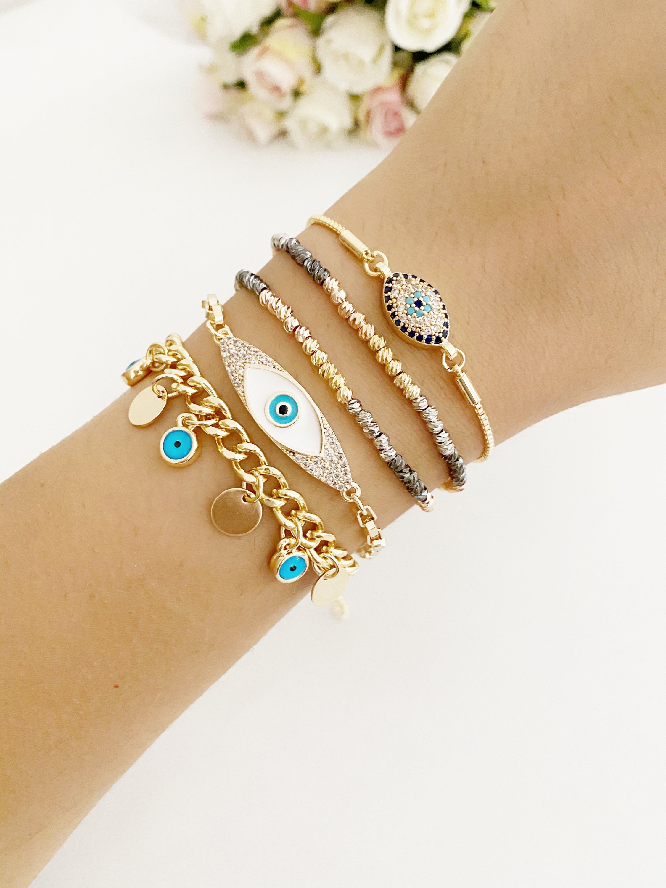 Adjustable Evil Eye Chain Bracelet Set - Gold Greek Jewelry for Protection Bijou Her