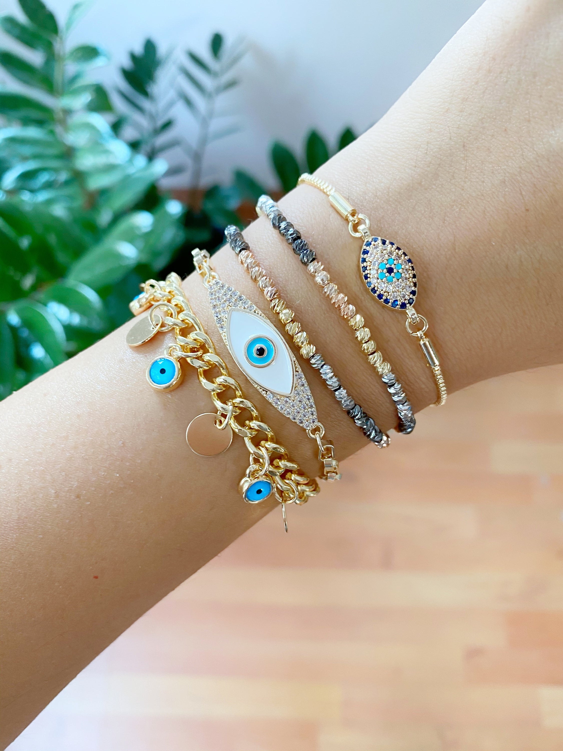 Adjustable Evil Eye Chain Bracelet Set - Gold Greek Jewelry for Protection Bijou Her