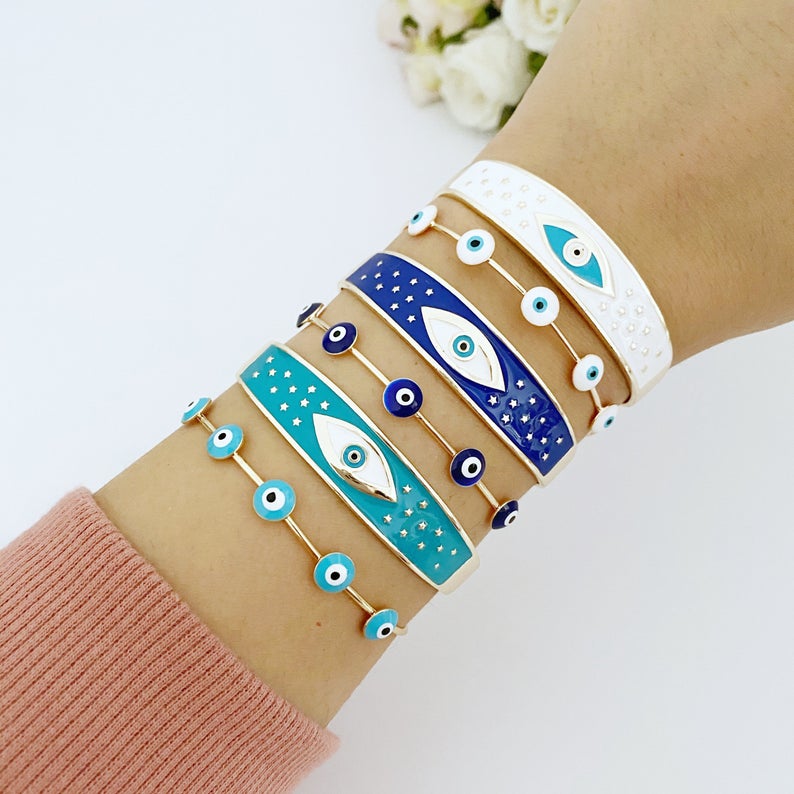 Adjustable Evil Eye Cuff Bracelet Collection - Blue & White Beads, Handmade Geometric Bangle, Tarnish-Resistant Stainless Steel Bijou Her