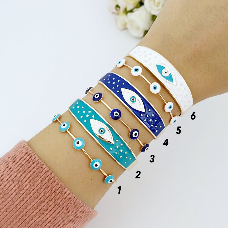 Adjustable Evil Eye Cuff Bracelet Collection - Blue & White Beads, Handmade Geometric Bangle, Tarnish-Resistant Stainless Steel Bijou Her