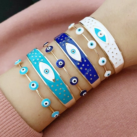 Adjustable Evil Eye Cuff Bracelet Collection - Blue & White Beads, Handmade Geometric Bangle, Tarnish-Resistant Stainless Steel Bijou Her