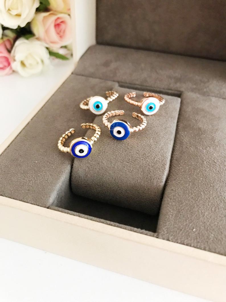 Adjustable Evil Eye Ring with Blue Cubic Zirconia Beads - Minimalist Jewelry for All Sizes Bijou Her