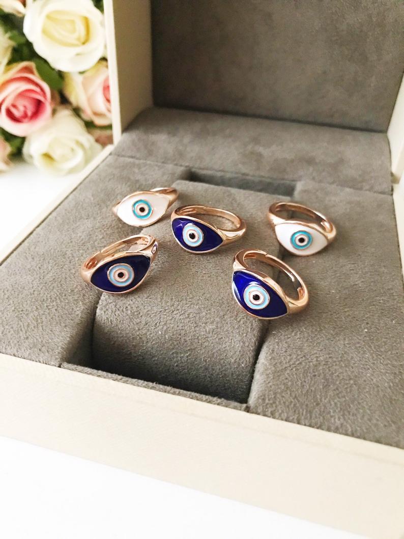 Adjustable Evil Eye Ring with Blue Cubic Zirconia Beads - Minimalist Jewelry for All Sizes Bijou Her