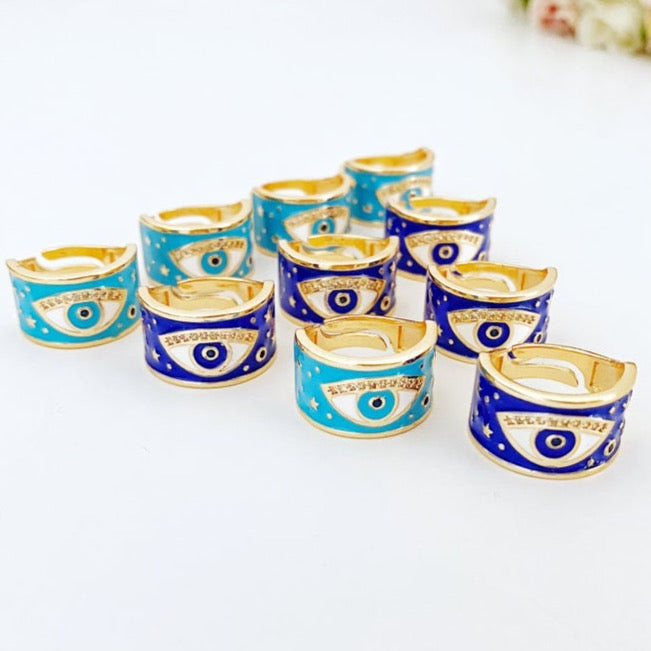 Adjustable Evil Eye Wide Band Ring - Gold with Blue or Turquoise Bead - Tarnish Resistant Jewelry Gift for Her Bijou Her