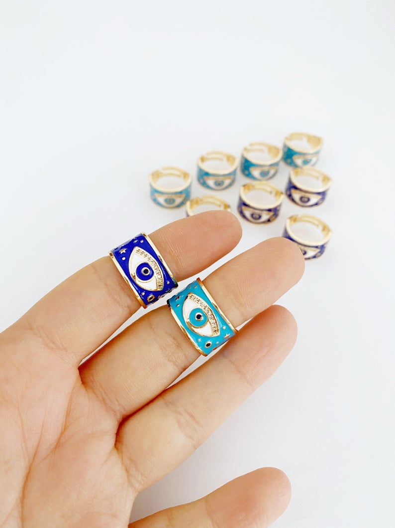 Adjustable Evil Eye Wide Band Ring - Gold with Blue or Turquoise Bead - Tarnish Resistant Jewelry Gift for Her Bijou Her