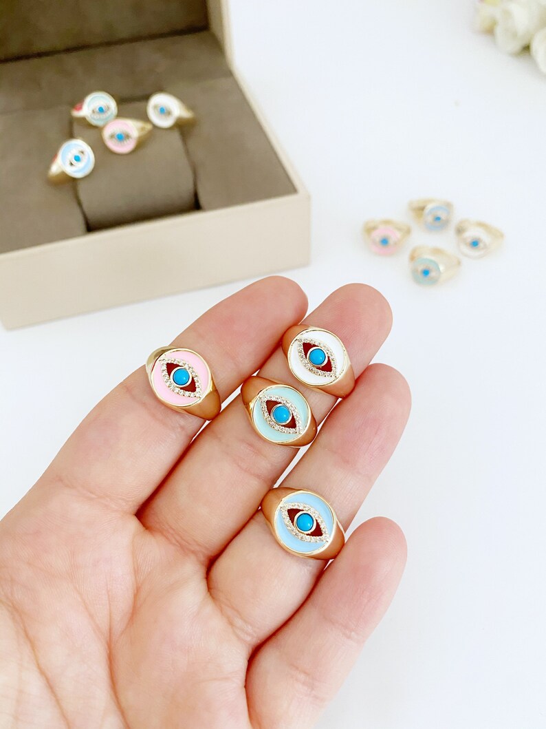 Adjustable Gold Evil Eye Signet Rings - Wholesale Summer Jewelry, Stackable Blue Eye Rings with Zircon Charm - Greek Eye Design Bijou Her