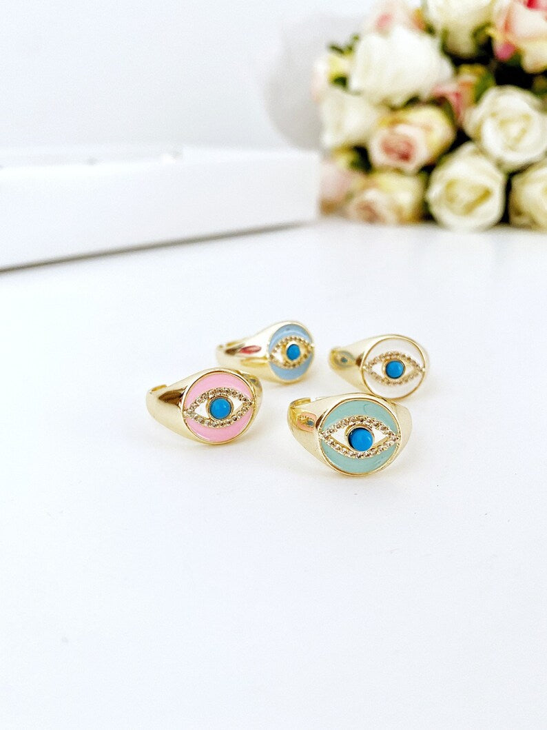 Adjustable Gold Evil Eye Signet Rings - Wholesale Summer Jewelry, Stackable Blue Eye Rings with Zircon Charm - Greek Eye Design Bijou Her