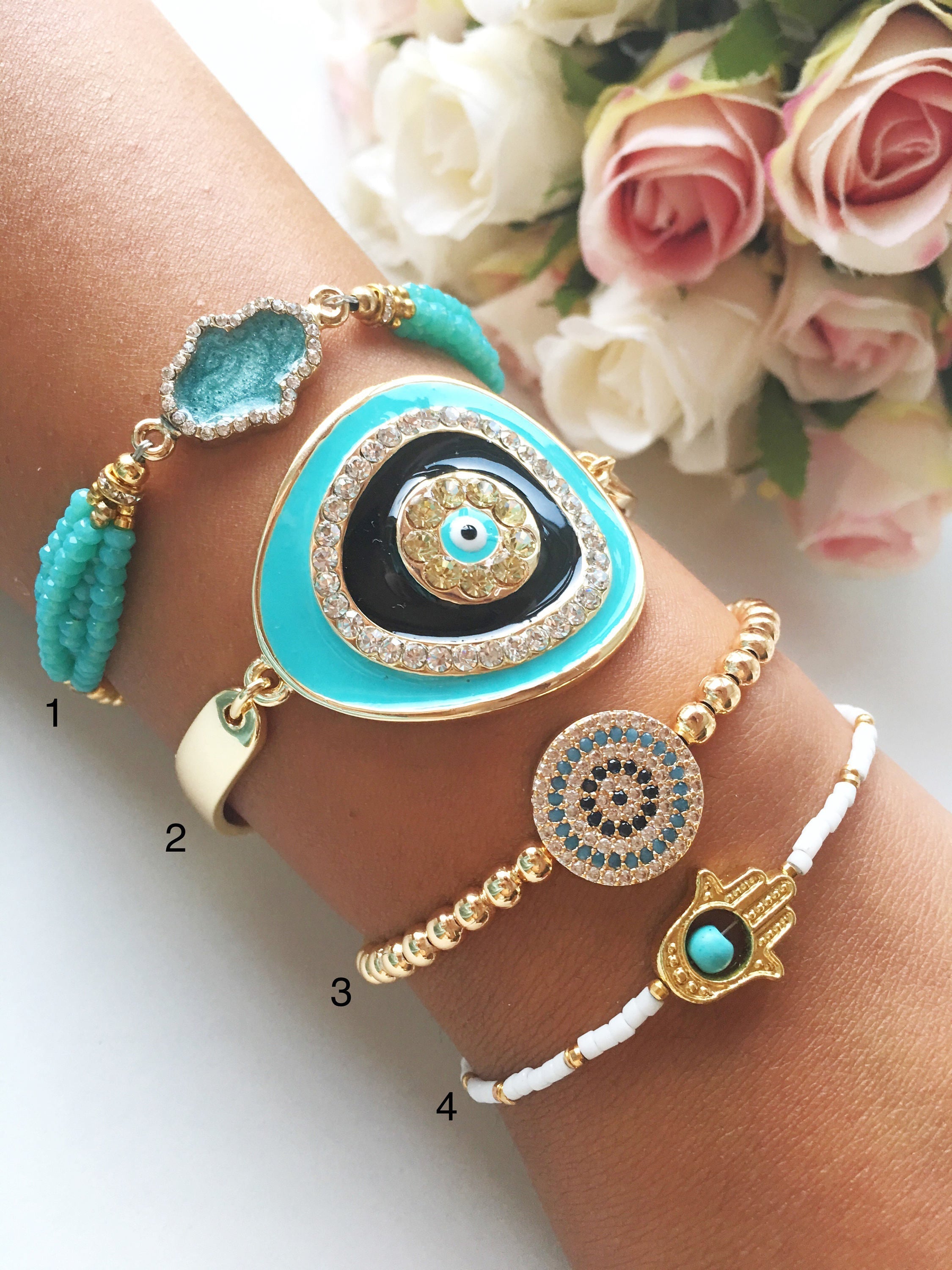 Adjustable Greek Evil Eye Bracelet with Turquoise Beads & Gold - Handmade Stainless Steel Jewelry with Hamsa & Miyuki Seed Beads Bijou Her