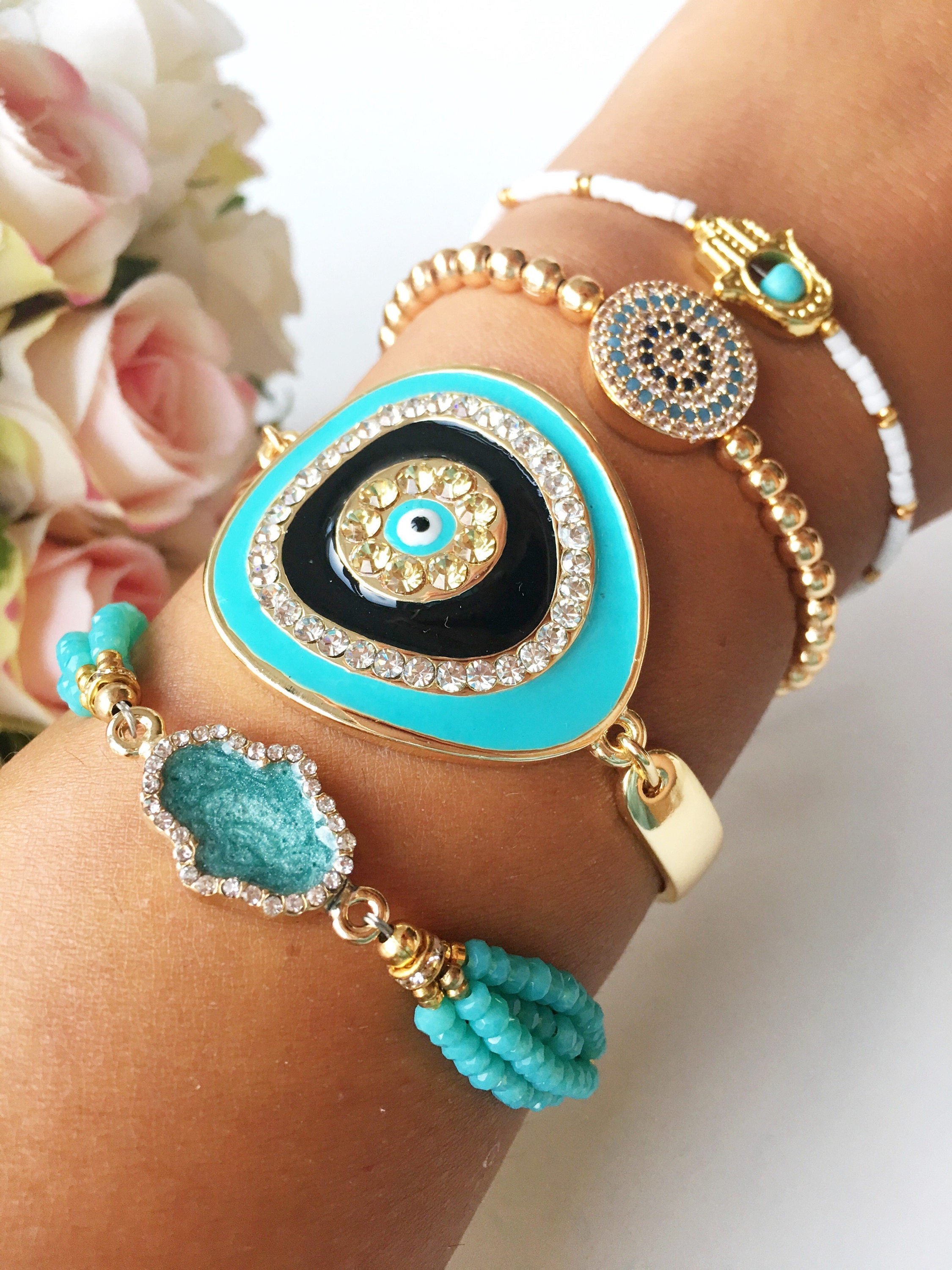 Adjustable Greek Evil Eye Bracelet with Turquoise Beads & Gold - Handmade Stainless Steel Jewelry with Hamsa & Miyuki Seed Beads Bijou Her