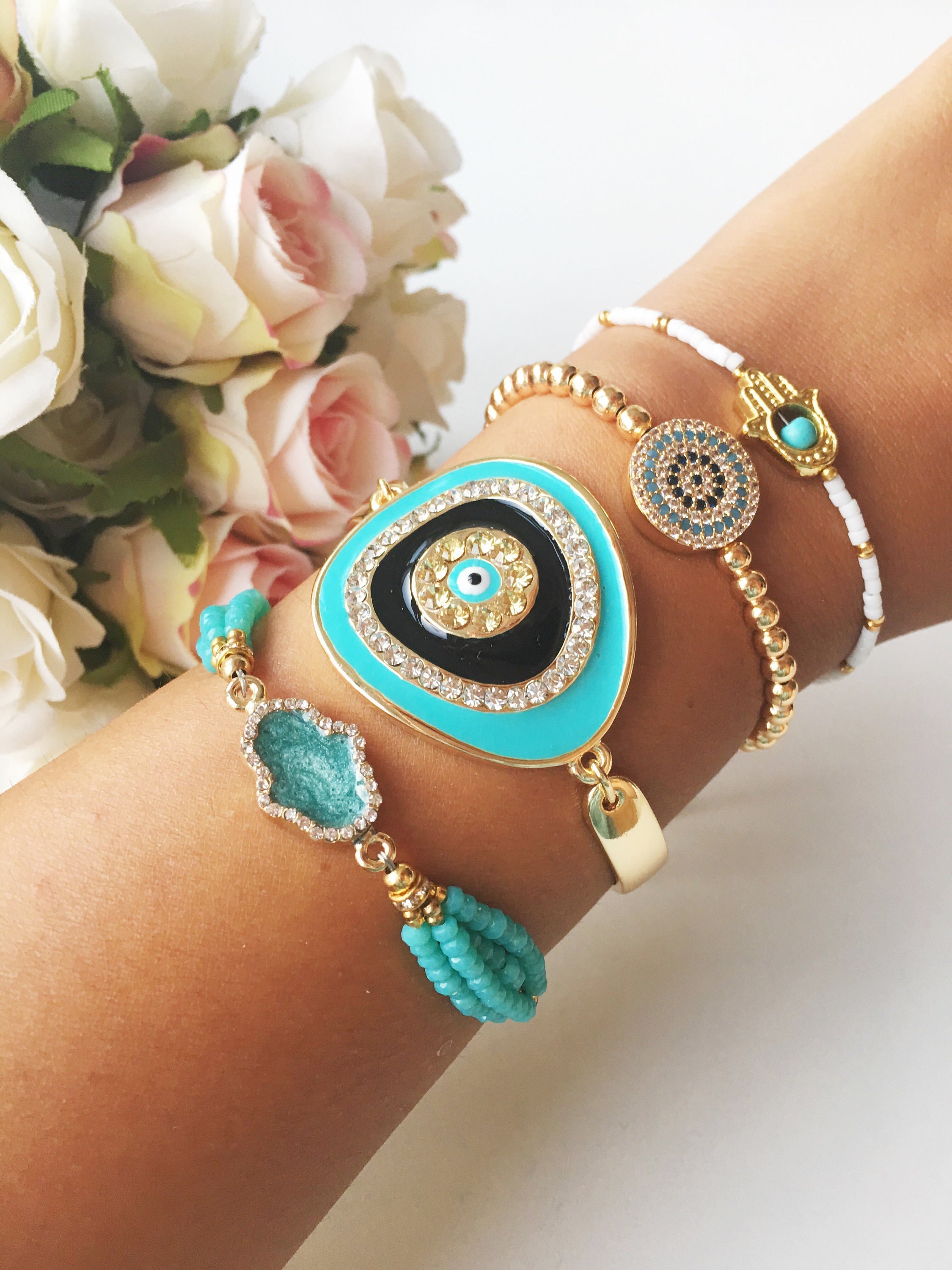 Adjustable Greek Evil Eye Bracelet with Turquoise Beads & Gold - Handmade Stainless Steel Jewelry with Hamsa & Miyuki Seed Beads Bijou Her