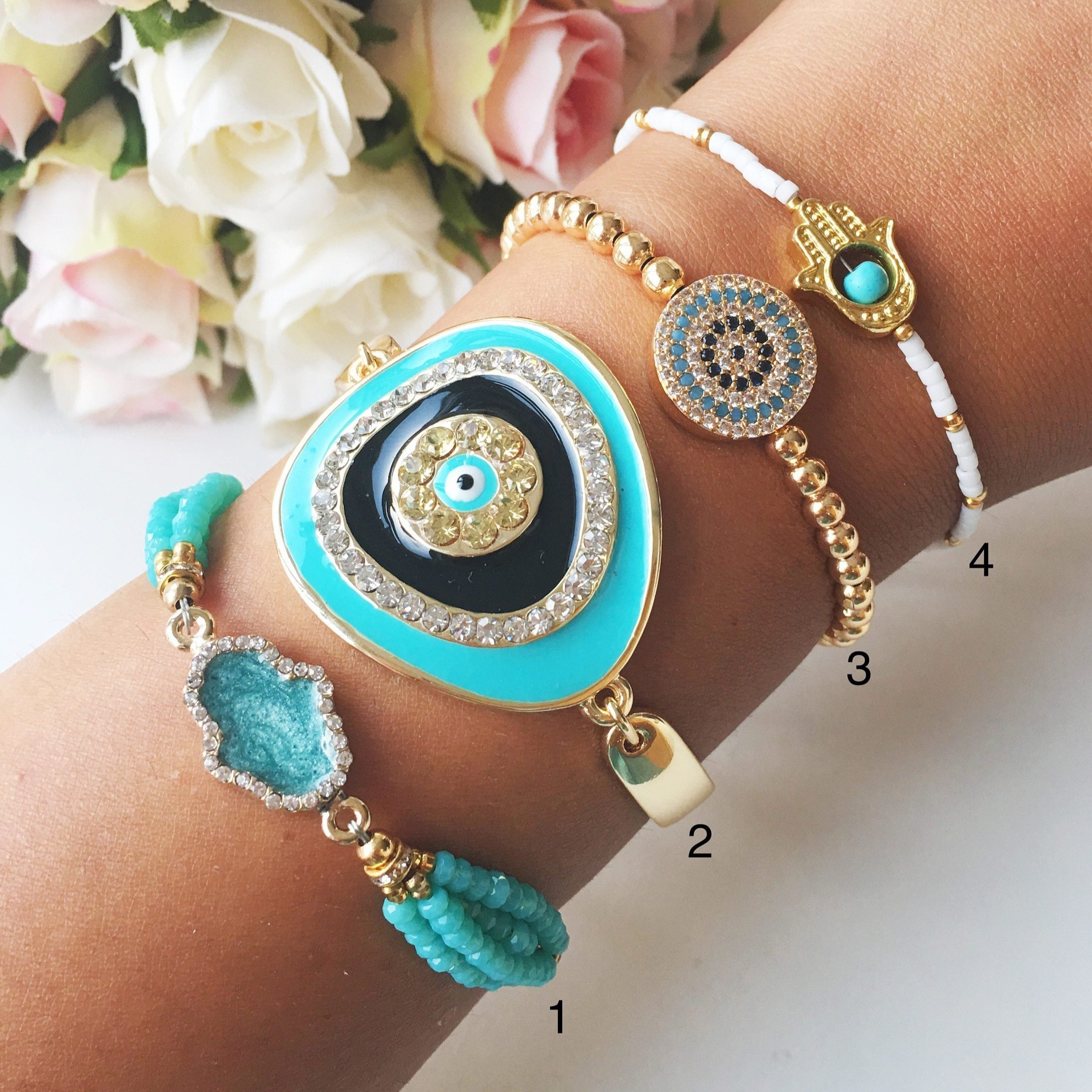 Adjustable Greek Evil Eye Bracelet with Turquoise Beads & Gold - Handmade Stainless Steel Jewelry with Hamsa & Miyuki Seed Beads Bijou Her