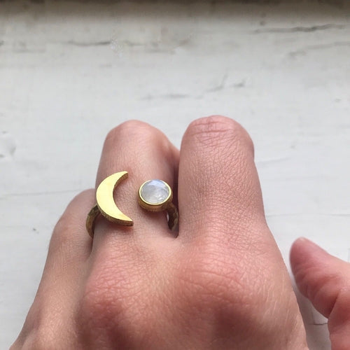 Adjustable Moonstone Crescent Moon Ring - Lunar Goddess Jewelry Bijou Her
