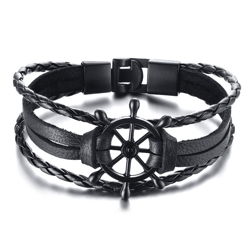 Alloy Buckle Rudder Leather Bracelet Black Bijou Her